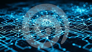 Abstract glowing blue digital network connections and data flow on a dark background