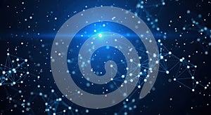 Abstract glowing blue digital network of interconnected nodes and lines representing global data flow and advanced technological