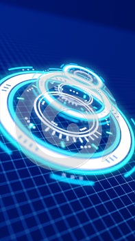 Abstract glowing blue futuristic HUD interface with circular elements, symbolizing digital data, science, and high
