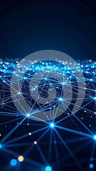 Abstract glowing blue interconnected lines and dots representing a complex digital data network.