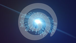 Abstract glowing blue light core emitting energy waves and electric texture in dark space