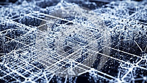 Abstract glowing blue network grid with nodes and connections, representing data flow