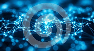 Abstract glowing blue network of interconnected nodes and lines creating a digital data flow pattern