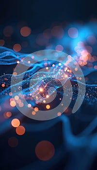 Abstract glowing blue orange data stream. Night digital tech background features flowing light waves, particles. Futuristic