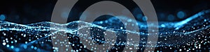 Abstract glowing blue particles forming fluid digital waves in a futuristic scene photo