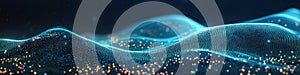 Abstract glowing blue particles forming fluid digital waves in a futuristic scene photo