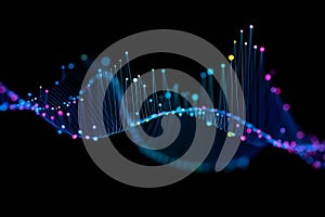 Abstract glowing blue and pink digital wave with light particles background