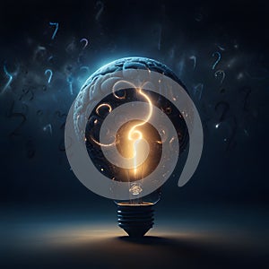 Abstract glowing brain inside of light bulb on dark background with question marks