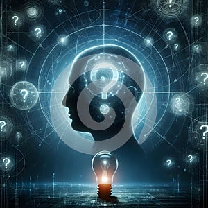 Abstract glowing brain inside of light bulb on dark background with question marks