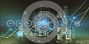 Abstract glowing business graph on night city background. Innovation, information and statistics concept. Double exposure