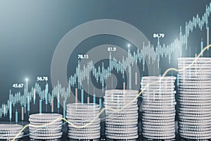 Abstract glowing candlestick forex chart on blurry golden coins background. Money, economy and finance concept.