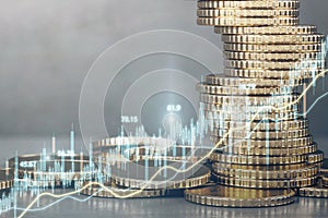 Abstract glowing candlestick forex chart on golden coins wallpaper. Money, economy and finance concept. Double exposure