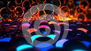 Abstract glowing circles illuminate dark nightclub walls