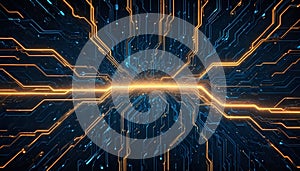 Abstract, glowing, circuit board pattern, representing a technological network or data flow.