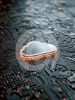 Abstract glowing cloud icon symbolizing digital data storage on a dark, intricate computer circuit board representing cloud