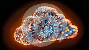 Abstract glowing cloud-shaped digital circuit with illuminated blue and orange nodes symbolizing modern technology and cloud