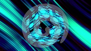 Abstract glowing cube with blue rays of light. Motion. Striped neon cubic shapes falling apart on shimmering background.