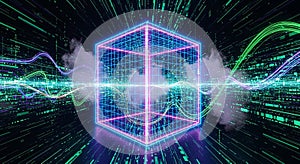 Abstract glowing cube with data streams and waveforms in a digital cyberspace