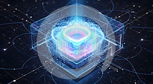 Abstract Glowing Cube with Digital Data Streams and Luminous Particles Representing Quantum