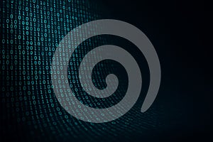 Abstract glowing cyan binary code flowing on a dark digital background