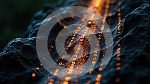Abstract Glowing Data Flow Over Rock