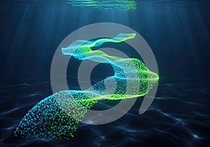 Abstract glowing data stream in deep blue underwater environment