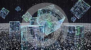 Abstract Glowing Digital Cubes Network, Futuristic Technology, Data Cloud Computing Background