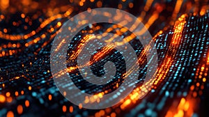 Abstract glowing digital data streams moving through network