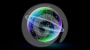 Abstract glowing digital globe sphere data network connection technology circuit board illustration