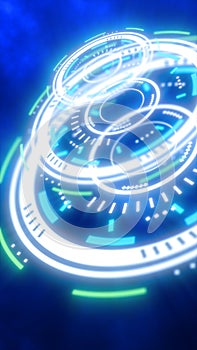 Abstract glowing digital interface with circular HUD elements in white, green, and blue against a deep blue background