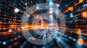 Abstract glowing digital network with orange and blue lights photo