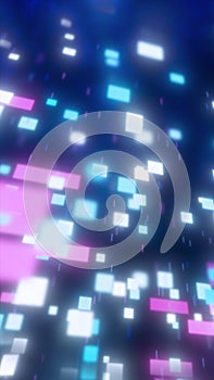 Abstract glowing digital particles in blue, pink and white squares moving dynamically on dark background