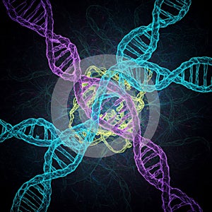 Abstract Glowing DNA Helixes in Dark Background