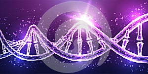 Abstract glowing DNA molecule structure purple background in futuristic glowing low polygonal style