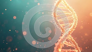 Abstract glowing DNA strand. Genetic code molecule structure with particles and bokeh light. Scientific research and