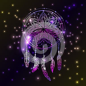 Abstract glowing dreamcatcher in blue and pink colors. Luminescence illustration. Boho style background, ethnic design elem