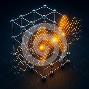 Abstract glowing energy waves flowing through a complex molecular grid structure