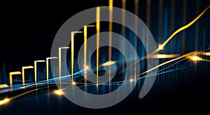 Abstract glowing financial chart with upward trend and data visualization elements on a dark background