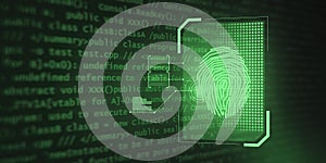 Abstract glowing finger print interface on dark background with coding language. Security and biometrics concept.