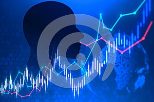 Abstract glowing forex chart and human head outline on blue wallpaper. AI, big data, trade and human mind concept.