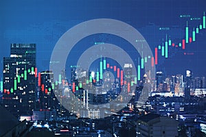 Abstract glowing forex chart on night city background. Trade, finance and invest concept.