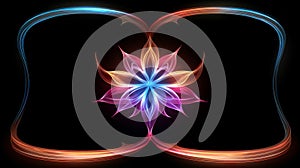 Abstract glowing fractal flower with symmetrical petals, radiating energy and vibrant colors.