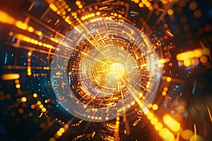 Abstract, glowing golden tunnel with futuristic, geometric design leading to a mysterious, virtual reality portal in a sci-fi photo