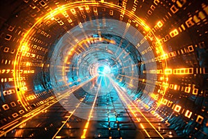 Abstract, glowing golden tunnel with a futuristic, geometric design leading to mysterious, virtual reality portal in a sci-fi photo