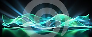 Abstract glowing green blue wave light effect in perspective background. 3d render_
