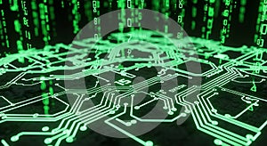 Abstract Green Circuit Board with Falling Binary Code technology