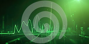 Abstract glowing green financial chart with upward trend lines and data points, symbolizing growth, analytics, and digital economy