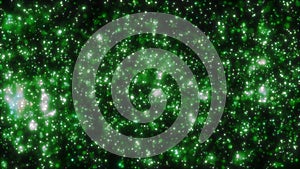 Abstract glowing green and white particles creating a dense cosmic star cluster pattern in deep space