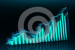 Abstract glowing and growing business chart on blurry dark wallpaper. Financial growth, trade and stock concept. 3D Rendering