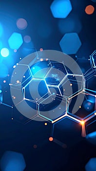 Abstract glowing hexagonal network structure with bokeh lights and data points